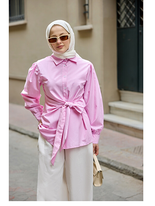 Locco Moda Kadın Yandan Bağlamalı Çizgili Gömlek Pembe