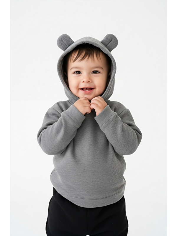 Luess Erkek Çocuk Ayıcık Kulaklı Pamuklu Gri Kapüşonlu Sweatshirt