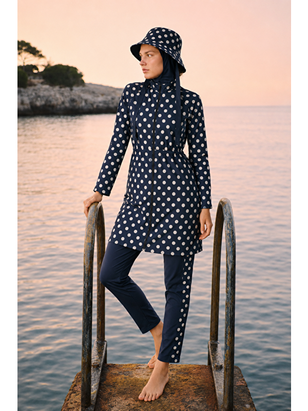Mevra PEARL DOT | Beyaz Puantiyeli Lacivert Stoperli Tesettür Mayo 5 li Set