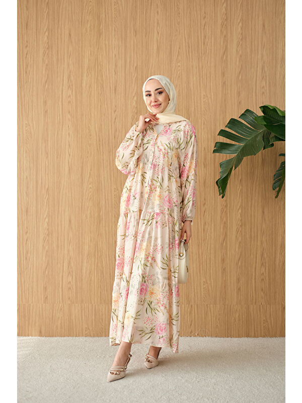 Locco Moda Kadın Gül Desenli Elbise Pembe