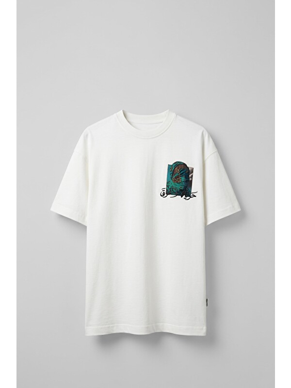 Abluka Online Erkek Otantik Desenli 3D Sırt Baskılı T-Shirt Beyaz