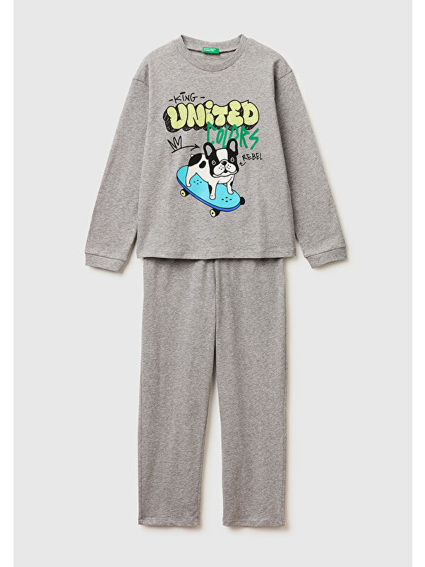 United Colors Of Benetton Erkek Çocuk Gri melanj Kabarık Simli Baskılı Uzun Kollu Pijama Takımı