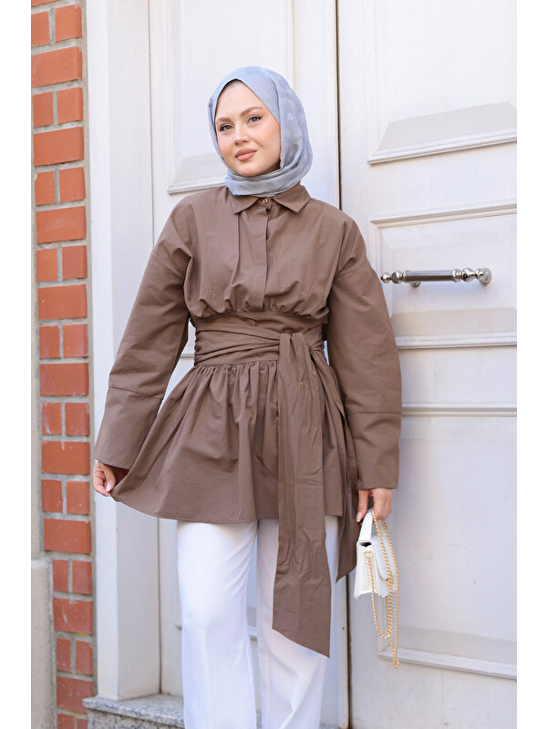 Locco Moda Kadın Bali Poplin Gömlek Kahverengi