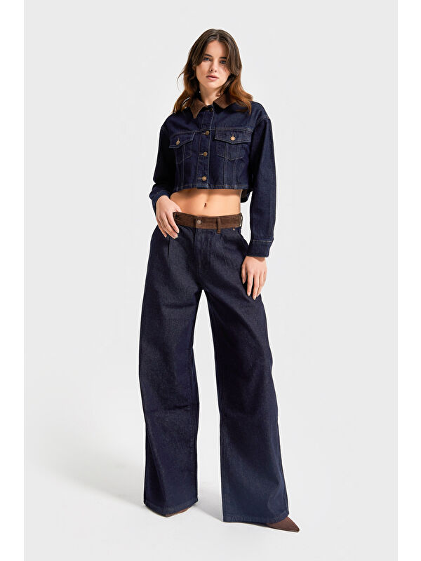 It's Basic Kadın İndigo Renk 7w5-50 Wide Leg Palazzo Fit Kemer Detaylı %100 Pamuk Özel Tasarım Denim Jean
