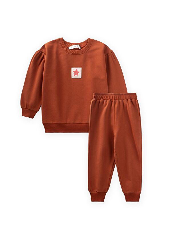 CİGİT Etiket Detaylı Sweatshirt Takım 1-7 Yaş Kiremit