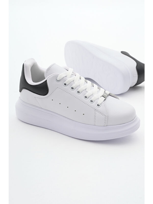 Unisex Beyaz Siyah Rahat Kalıp Yüksek Taban Bağcıklı Spor Ayakkabı - Görsel 2