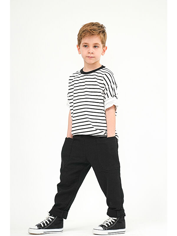 Catz Kids Boyfriend Siyah Müslin Pantolon + Siyah Beyaz Çizgili Penye T-Shirt