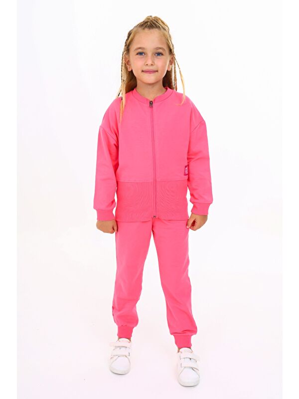 Toontoykids Kız Çocuk 2'li Takım Baskılı Bisiklet Yaka Fermuarlı Ribanalı Sweatshirt & Beli Paçası Ribanalı Jogg
