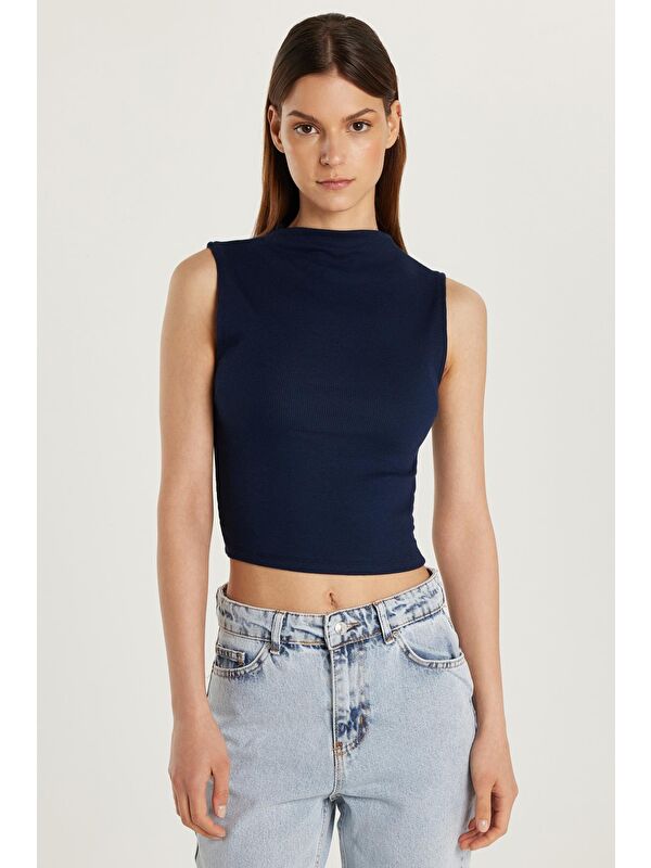 TUDORS Kadın Slim Fit Dar Kesim Sıfır Kol Fitilli Modal Kumaş Lacivert Bluz