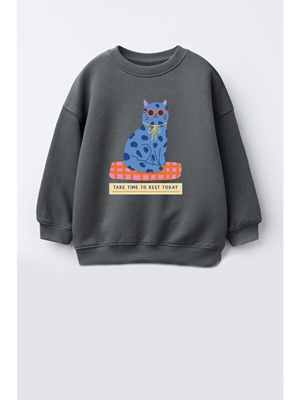 Monila Kız Çocuk 3 İplik Kumaş  Pamuklu Kedi Baskılı Sweatshirt