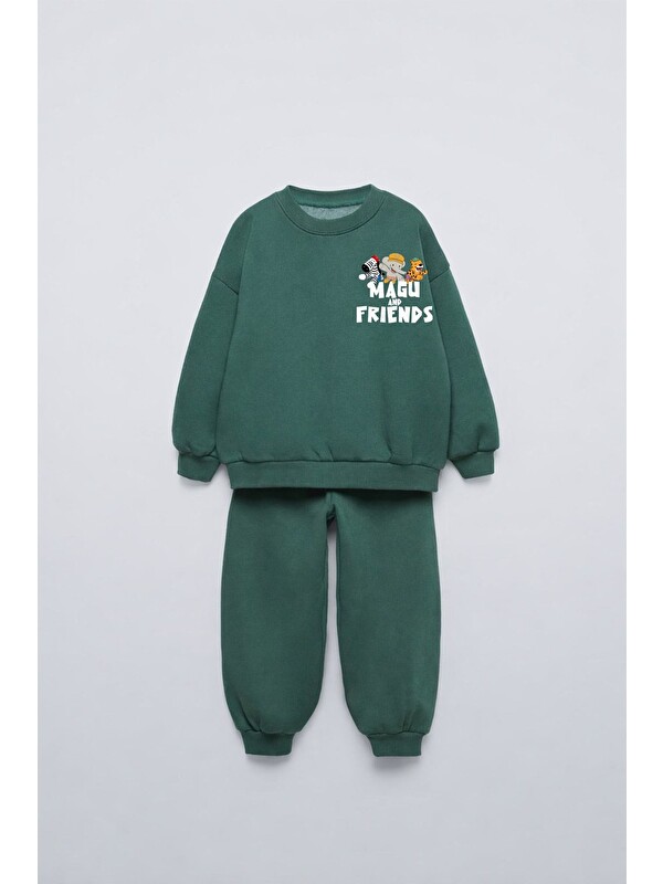 Magu Çocuk Pamuklu Friends Baskılı Yeşil Sweatshirt Ve Eşofman Altı Takımı