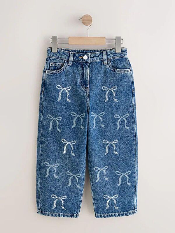Magu Kız Çocuk Mavi Denim Fiyonk Desenli Pantolon