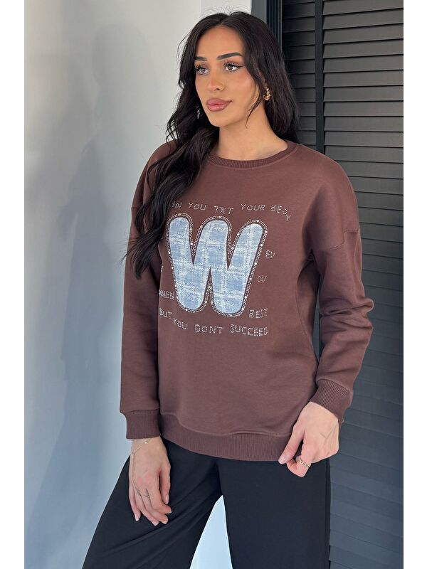 Gülseli Kadın Bisiklet Yaka Taş İşlemeli Şardonlu Sweatshirt