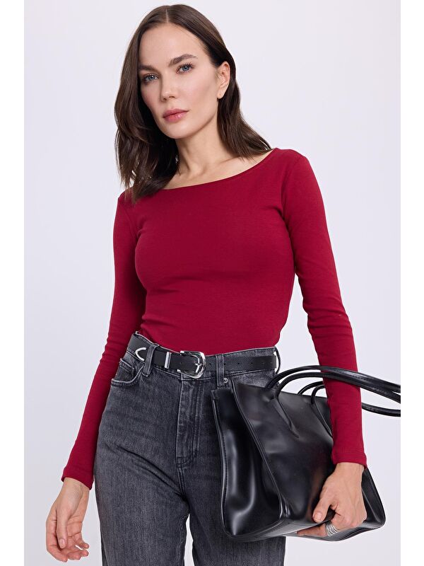 TUDORS Kadın Slim Fit Dar Kesim Pamuklu Modal Kumaş Uzun Kollu Kayık Yaka Koyu Bordo Bluz