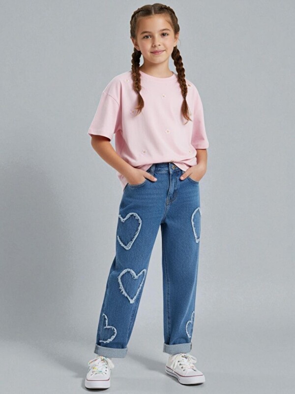 A.S.L GOLF CLUB Mavi Kız Çocuk Geniş Paça Kalp Desenli %100 Pamuk Lastikli Denim Pantolon