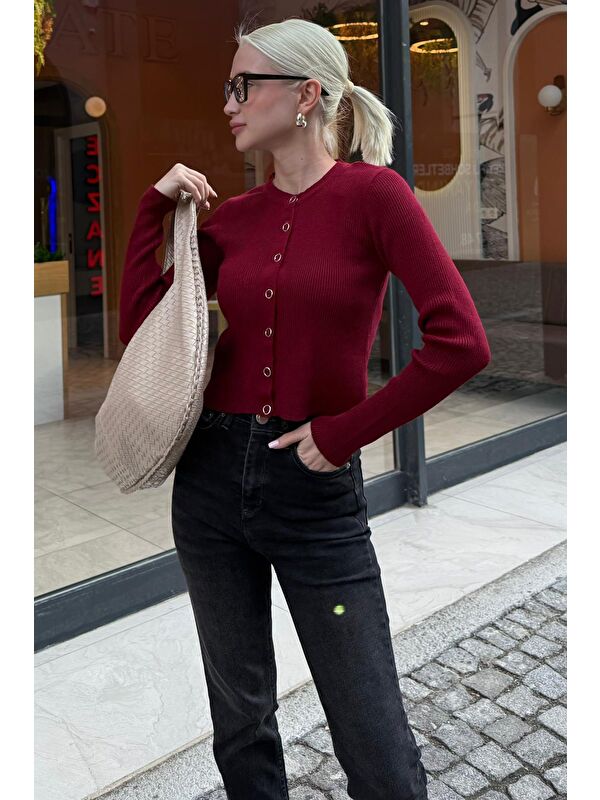 Madmext Bordo Çıt Kapamalı Triko Kadın Hırka Mg2579