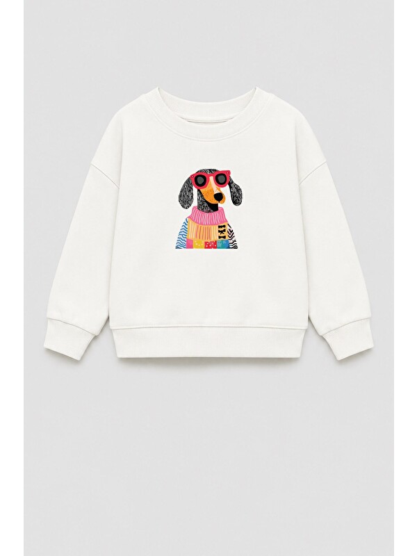 Monila Unisex Çocuk 3 İplik Kumaş Köpek Baskılı Pamuklu Sweatshirt