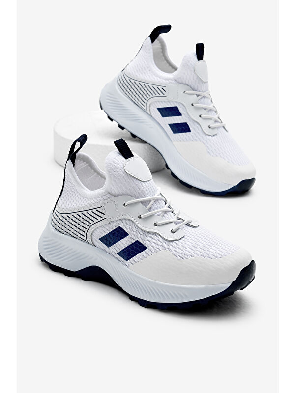 Çocuk Unisex Beyaz Mavi Rahat Kalıp Nefes Alabilen Kumaş Bağcıklı Sneaker - Görsel 2