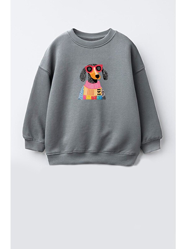 Monila Unisex Çocuk 3 İplik Kumaş Köpek Baskılı Pamuklu Sweatshirt