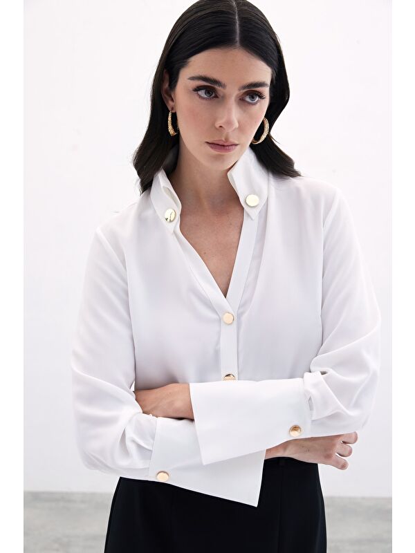 SATEEN Çıt Çıt Detaylı Gömlek - Ekru
