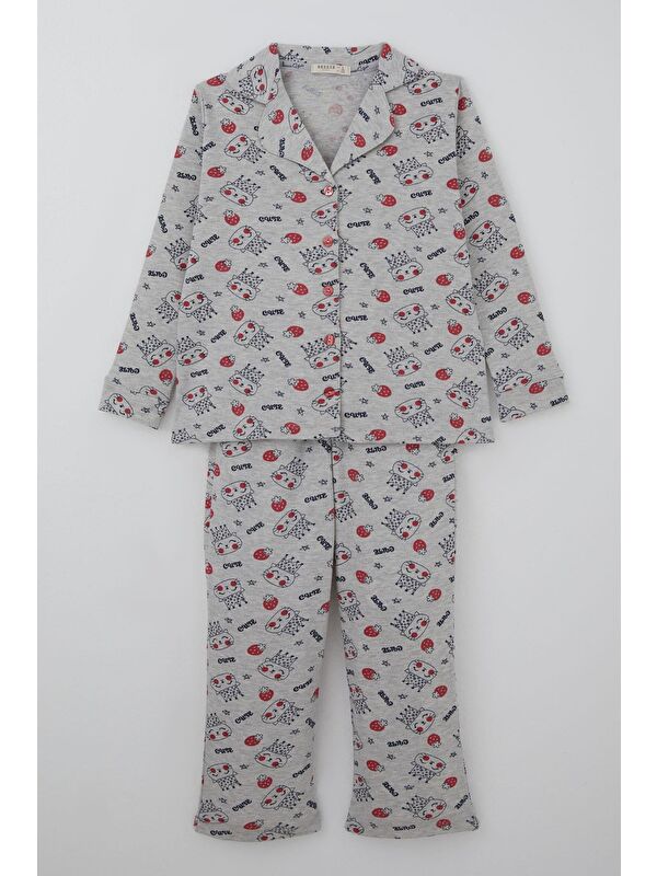 Breeze Kız Çocuk Pijama Takımı Kraliçe Kedicik & Çilek Desenli Açık Gri Melanj (7-11 Yaş)