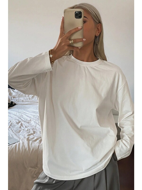 Tarz Cool Kadın Oversize Basic Uzun Kollu Tişört %100 Pamuk Süprem Bisiklet Yaka Rahat Kalıp