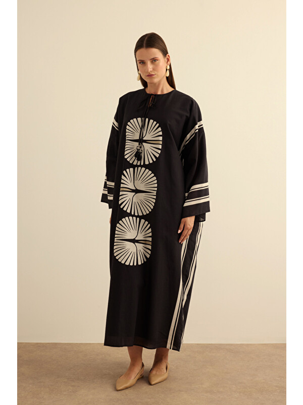 AKER Siyah Geometrik Desenli Pamuk Yaz Serinliği Kimono