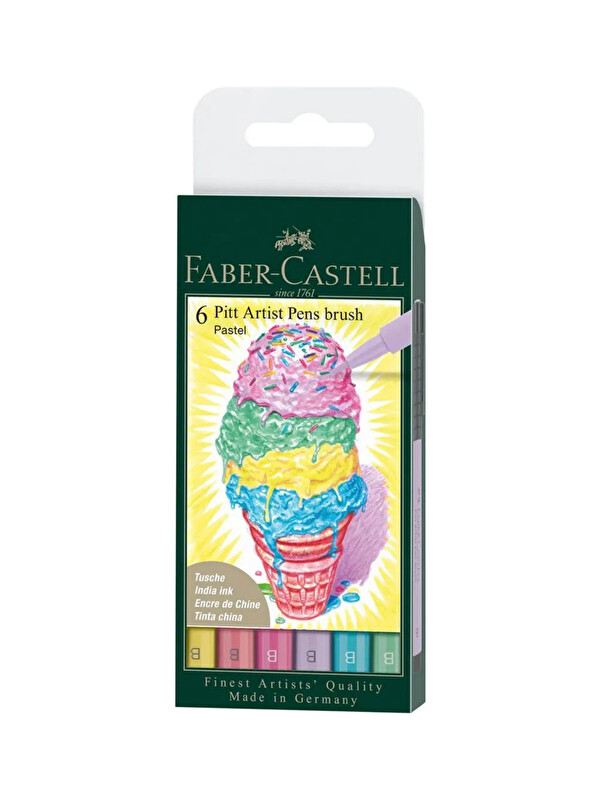 Faber-Castell Pitt Çizim Kalemi Fırça Uçlu 6'lı Pastel Renk Seti, Suya Dayanıklı Mürekkep