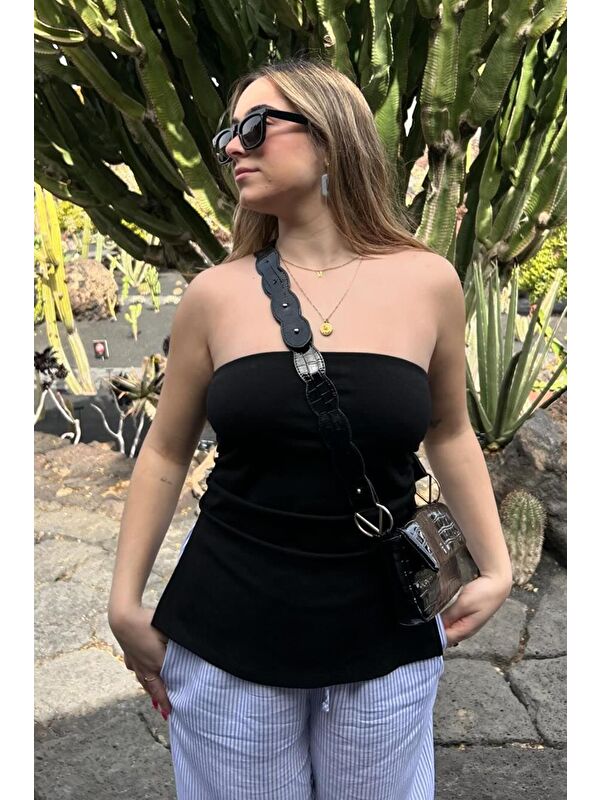 Madmext Siyah Büzgülü Streç Bandeau Top Mg2164