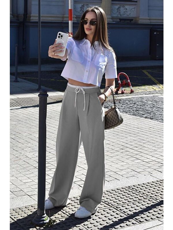 Madmext Gri Çift Bel Bantlı Wide Leg Kadın Pantolon Mg2551
