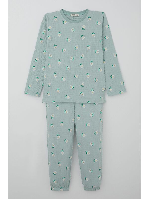 Breeze Kız Çocuk Pijama Takımı Papatya Desenli Su Yeşili (4-8 Yaş)