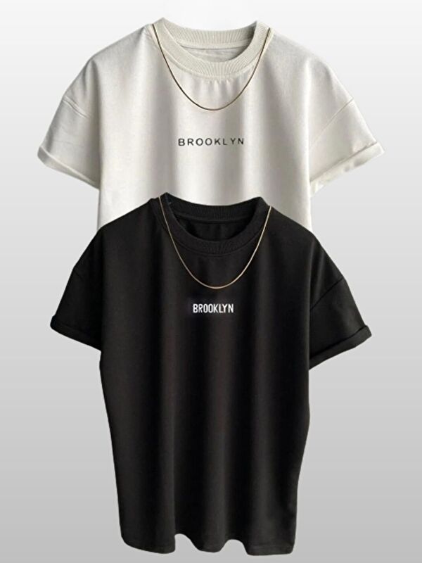 Trendseninle 2Li Beyaz Siyah Brooklyn Baskı Detay %100 Organik Pamuk Örme Oversize Tişört