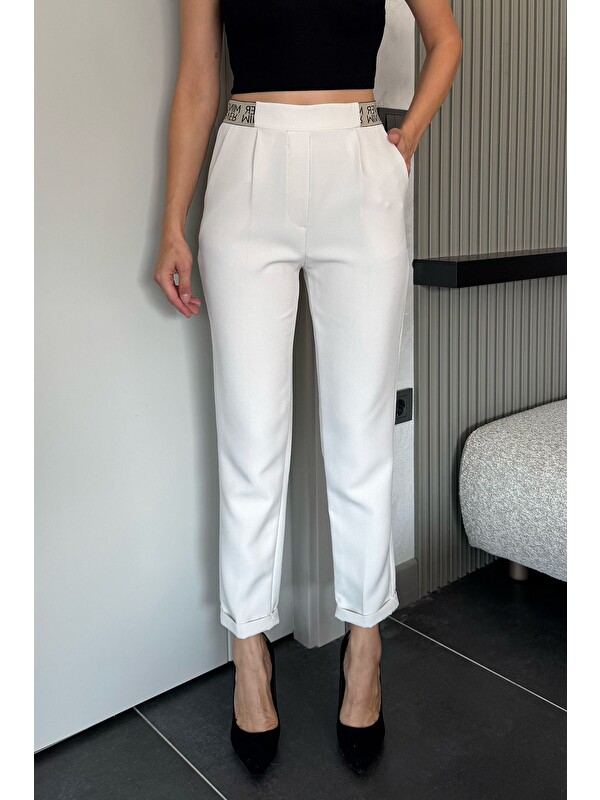 Gülseli Bel Lastikli Yazı Detaylı Slim Fit Kumaş Pantolon