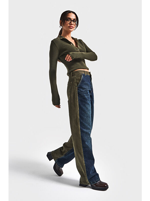 It's Basic Kadın Haki Jean Rengi 2w5-31 Loose Fit Kadife Denim Kumaş Tasarım Denim Jean
