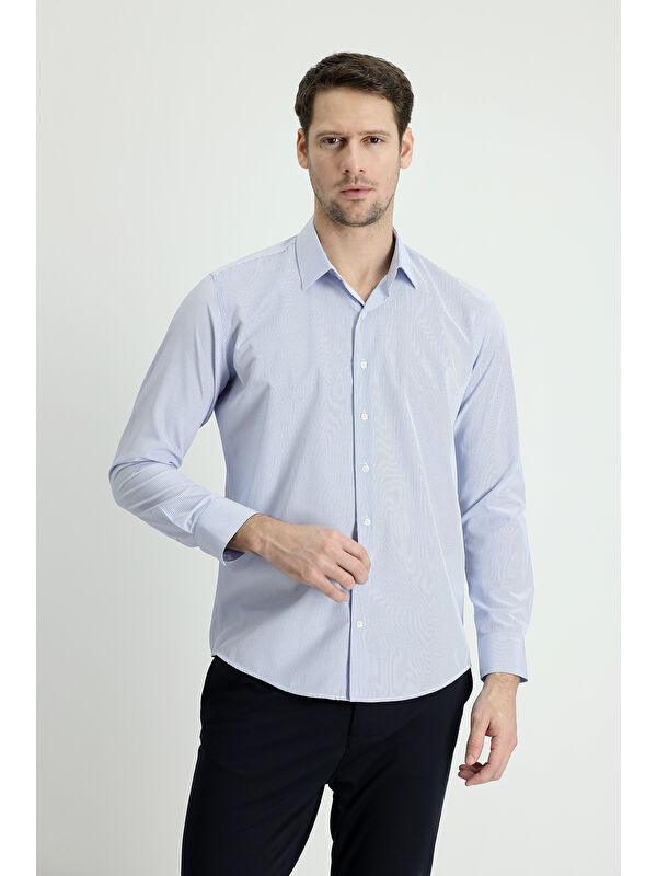 Kiğılı Uzun Kol Slim Fit Dar Kesim Çizgili Pamuklu Kolay Ütülenebilir Gömlek