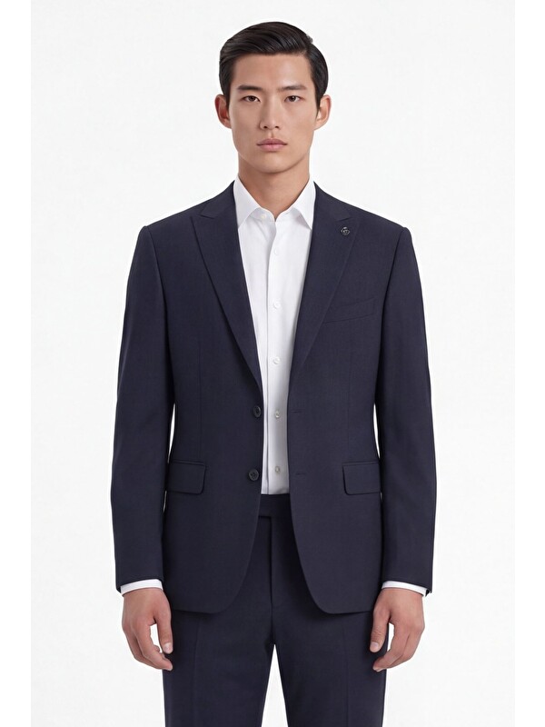 Sabri Özel Lacivert Yün Karışımlı Çizgili Sivri Yaka Klasik Paça Tam Astarlı 6 Drop Slim Fit Takım Elbise