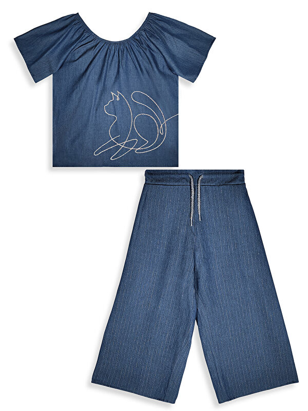 Denokids Romantik Kedi Kız Çocuk Bluz Pantolon Takım
