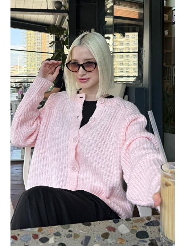 Madmext Pembe Bisiklet Yaka Selanik Örgü Düğmeli Kadın Hırka Mg2487
