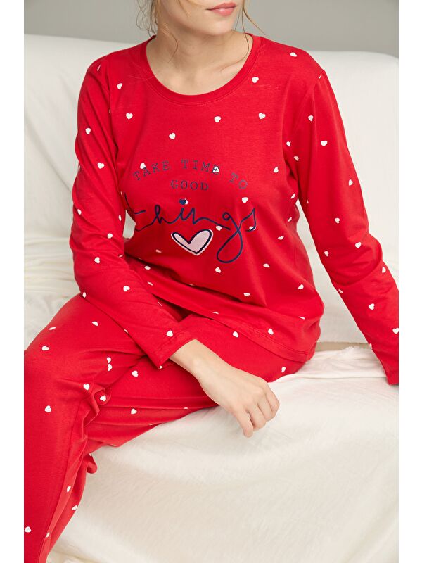 Siyah İnci Kırmızı Kalp Desenli Pamuklu Bisiklet Yaka Örme Pijama Takım25241158