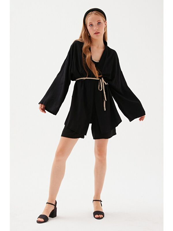SATEEN Kuşak Detaylı Salaş Kimono - Siyah