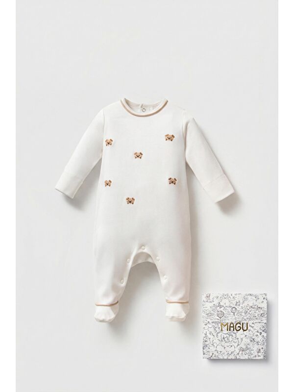 Magu Unisex Bebek Pamuklu Ekru Nakışlı Tulum - Uzun Kollu Çıtçıtlı