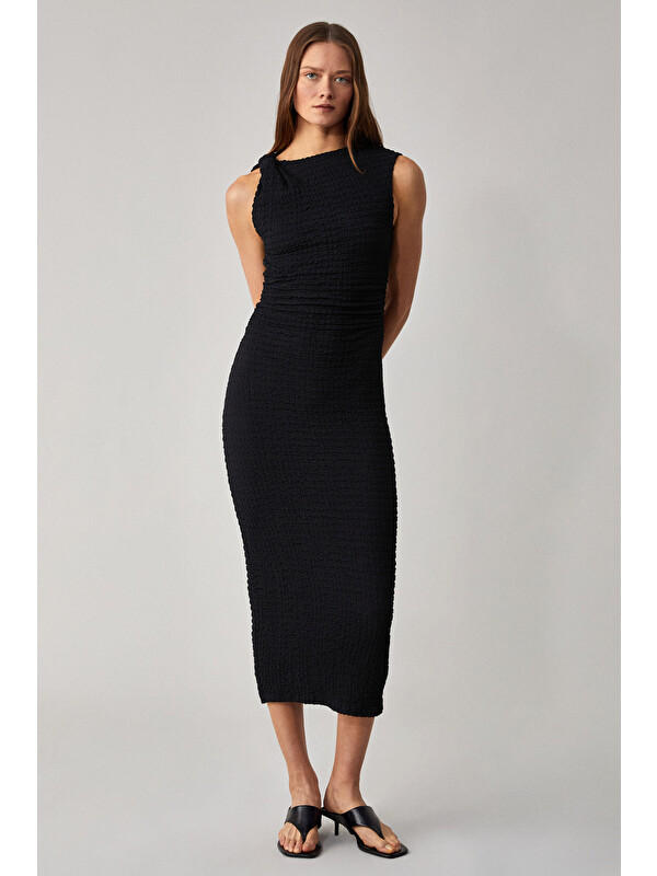 ETHIQUET MORFY Kadın Slim Fit Midi Boy Bisiklet Yaka Kolsuz SİYAH Elbise