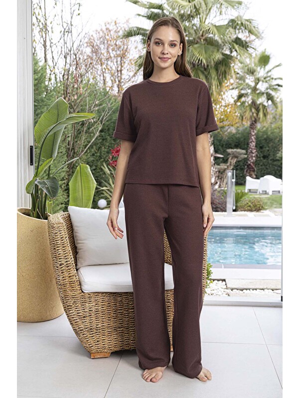 Remsa Kadın Kısa Kol Waffle Kumaş Pijama Takımı 260107 Kahverengi