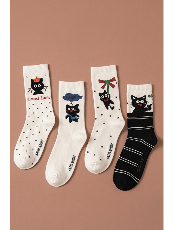 Katia And Bony 4'Lü Paket Kedi Desenli Kız Çocuk Soket Çorap