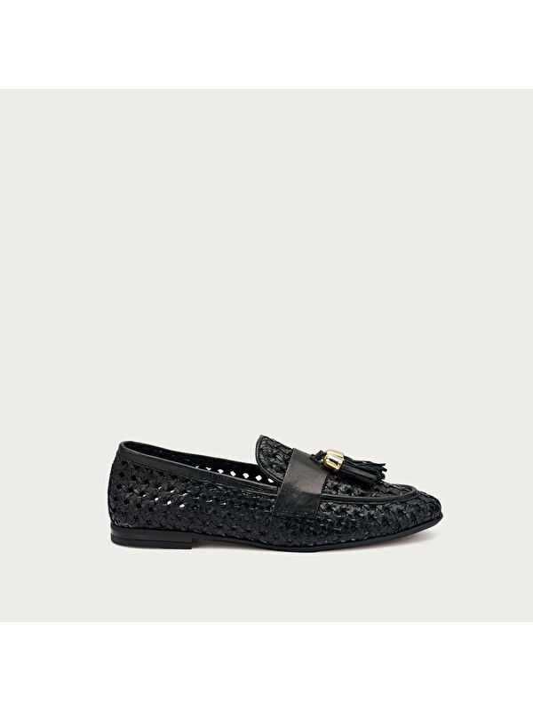 Frau Kadın Siyah Loafer 95V6 WOVEN LEATHER LOAFERS WITH TASSELS