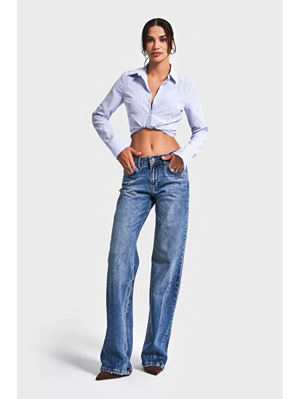 It's Basic Kadın Mavi Renk 35w5-5 Midrise Straight Fit Esnek Elastan Kumaş Denim Jean
