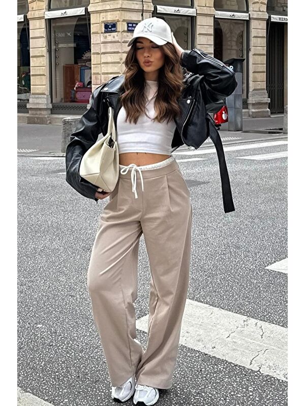 Madmext Bej Çift Bel Bantlı Wide Leg Kadın Pantolon Mg2551