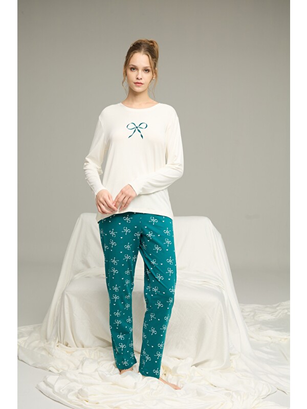 Siyah İnci Ekru Kurdele Desenli Pamuklu Bisiklet Yaka Örme Pijama Takım25241159