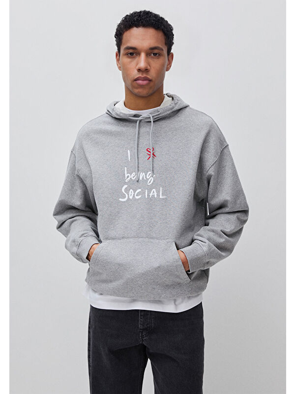 United Colors Of Benetton Erkek Gri Melanj  %100 Pamuk Grafik Baskılı Kapüşonlu Sweatshirt