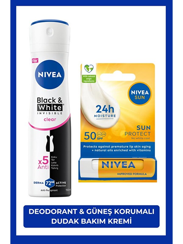 NIVEA Kadın Sprey Deodorant Black&White Invisible Clear 150ml ve Yüksek Güneş Korumalı Dudak Bakım Kremi
